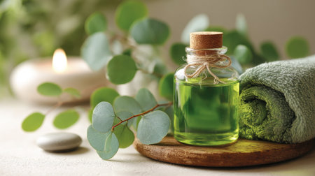 A serene setup showcasing a green essential oil bottle surrounded by eucalyptus leaves and a soft towel, perfect for relaxation and wellness themes.の素材