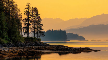 A stunning sunset scene showcasing calm waters reflecting silhouettes of trees and distant mountains, creating a tranquil and serene atmosphere in nature.の素材