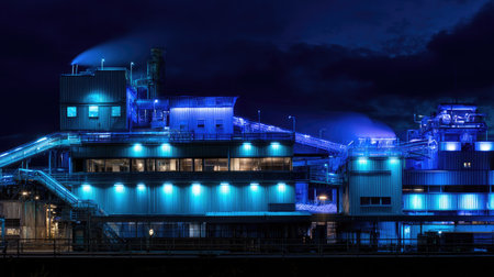 A stunning nighttime view of an industrial facility illuminated by striking blue lights, showcasing modern architecture and activity amidst a dramatic sky.の素材