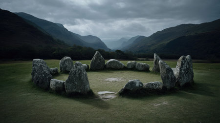 A stunning view of an ancient stone circle set against a backdrop of dramatic mountains and overcast skies. Perfect for nature and history enthusiasts.の素材