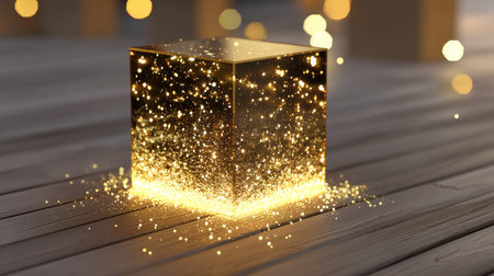 A mesmerizing golden cube emanates a stunning sparkle effect, creating a magical ambiance on a wooden surface. Ideal for artistic backgrounds and modern decor.の素材