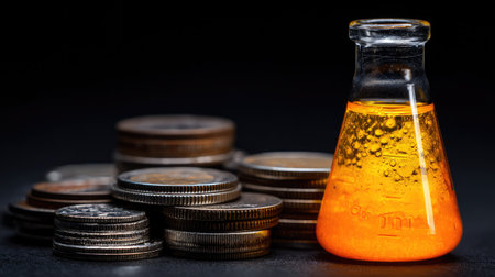 A vibrant orange liquid is illuminated in a glass flask, surrounded by stacks of coins. This image captures the intersection of science and finance.の素材
