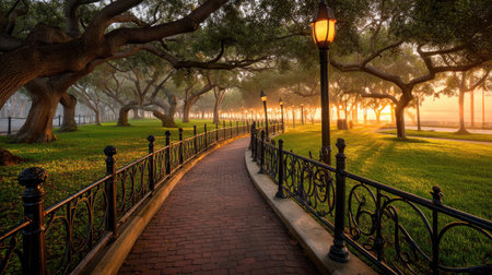 A beautiful winding pathway leads through lush oak trees in a city park during sunrise. The scene captures the peaceful atmosphere with soft morning light illuminating the path.の素材