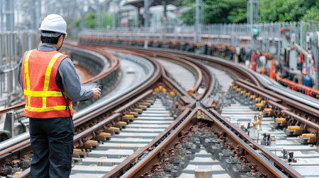 A railway worker in safety gear inspects curved tracks, ensuring proper maintenance and operation for safe train travel. Focus on safety and infrastructure.の素材