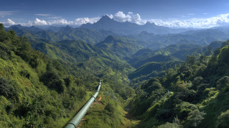 Breathtaking view of a lush mountain landscape showcasing vibrant green valleys under a blue sky. Ideal for travel and nature themes, perfect for inspiration.の素材