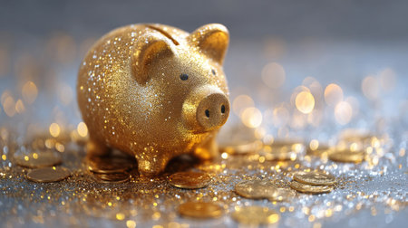 A glittering gold piggy bank stands proudly among scattered coins, creating a dreamy financial setting. This image captures the essence of saving and prosperity.の素材