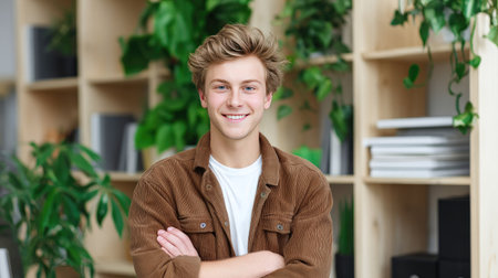 A young man with a friendly smile stands confidently in a modern office space surrounded by plants and shelves, showcasing a welcoming and vibrant atmosphere.の素材