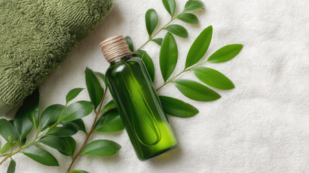 A serene arrangement featuring a green glass bottle filled with herbal oil, fresh green leaves, and a textured towel, perfect for spa and wellness themes.の素材