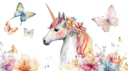 A beautiful watercolor illustration featuring a magical unicorn surrounded by colorful butterflies and blooming flowers, evoking a sense of whimsy and enchantment.の素材