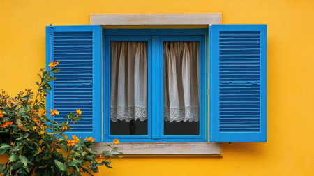 A vibrant blue window with open shutters reveals delicate curtains, surrounded by flowers and a yellow wall, evoking a cheerful and inviting atmosphere.の素材