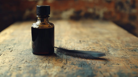 A vintage ink bottle paired with a quill resting on a rustic wooden table creates an artistic and nostalgic atmosphere, perfect for creative projects.の素材