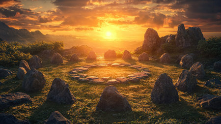 A breathtaking sunset illuminates an ancient stone circle nestled in a lush landscape. The warm glow casts long shadows, creating a serene atmosphere perfect for contemplation and exploration.の素材