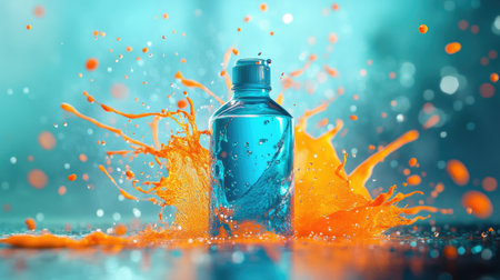 A striking image of a water bottle amidst a vibrant splash of orange liquid, creating a dynamic visual effect ideal for promoting health and hydration.の素材