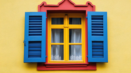 This image features a charming colorful window with blue shutters against a bright yellow wall, creating a vibrant and inviting atmosphere in urban environments.の素材