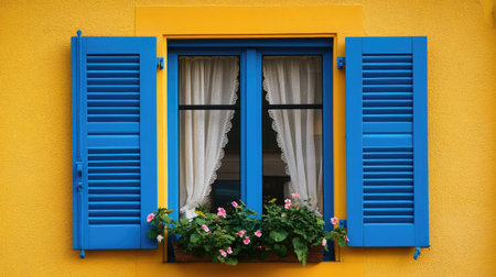 A vibrant blue window with matching shutters stands out against a sunny yellow wall. The flower box brims with colorful blooms, adding charm and warmth.の素材