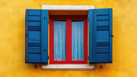 A stunning blue shuttered window with a red frame stands out against a vibrant yellow wall. This colorful architecture creates a lively atmosphere, perfect for capturing urban charm.の素材