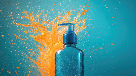 A vivid orange splash creates a dynamic background behind a clear plastic pump bottle, highlighting freshness and cleanliness for beauty or skincare products.の素材