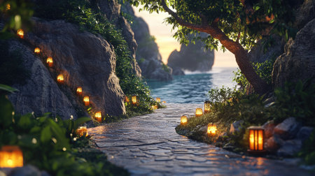 A tranquil pathway winds beside serene water, illuminated by glowing lanterns and surrounded by lush greenery, creating a peaceful and picturesque environment.の素材