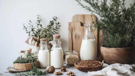 A rustic kitchen scene featuring fresh milk, various herbs, and natural ingredients beautifully arranged on a wooden table for a healthy lifestyle.の素材