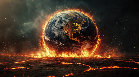 A stunning representation of the Earth engulfed in flames, emerging from a cracked lava surface. This powerful image symbolizes environmental challenges and transformation.の素材