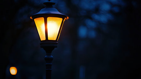 A charming street lamp emits a warm glow in the tranquil darkness, creating a cozy ambiance, perfect for evening strolls in urban or park settings.の素材