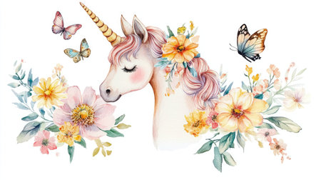 This enchanting illustration features a magical unicorn with vibrant flowers and delicate butterflies. Perfect for children's decor or fantasy-themed designs.の素材