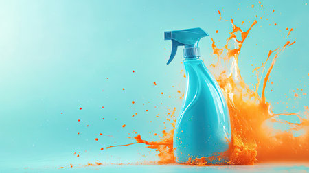 Bright blue cleaning spray bottle amidst a dynamic orange splash captures the essence of freshness and cleanliness ideal for marketing and commercial use.の素材