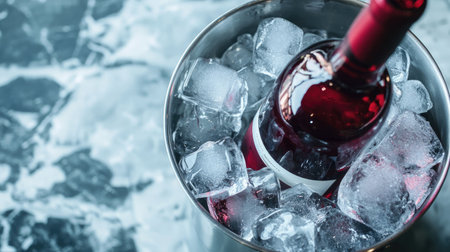 A vibrant red wine bottle nestled in a bucket filled with ice cubes, perfect for cooling down during festive gatherings. Ideal for party and dining settings.の素材