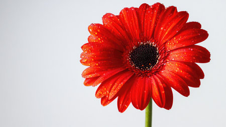 A stunning closeup of a vibrant red flower adorned with fresh water droplets, showcasing its beauty and detail against a soft background perfect for decorative themes.の素材