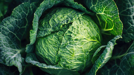 Vibrant green cabbage nestled in lush leaves, showcasing fresh produce from the garden. Perfect for highlighting healthy eating and organic farming.の素材