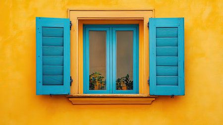 A vibrant window framed in bright blue shutters stands out against a cheerful yellow wall. The open shutters reveal plants, enhancing the lively atmosphere.の素材