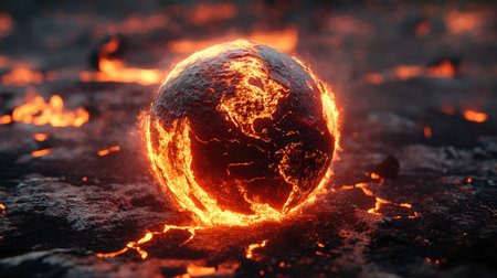A captivating depiction of a fiery Earth globe surrounded by flowing lava and molten rock, showcasing the raw energy and beauty of nature's volcanic activity.の素材