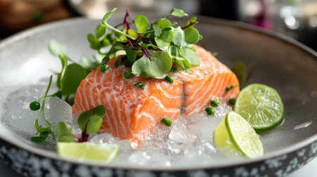 A beautiful fresh salmon fillet presented on ice, garnished with microgreens and lime slices. Perfect for showcasing healthy gourmet seafood dishes.の素材