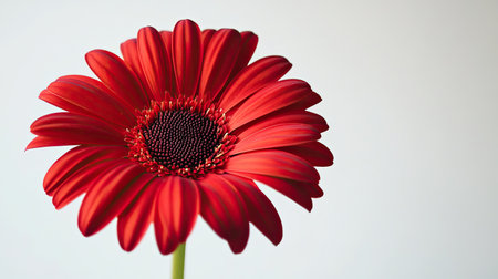 This stunning red gerbera daisy flower stands out beautifully against a clean white background, highlighting its vibrant petals and delicate details.の素材