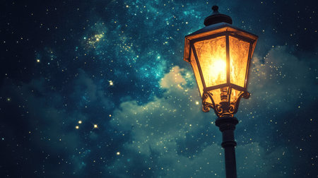 A vintage lantern illuminates a serene night sky filled with stars and soft clouds. This enchanting scene captures the beauty of nighttime tranquility and nostalgia.の素材