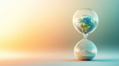 A stunning hourglass containing a globe symbolizes the critical interplay between time and environmental awareness in our modern world.の素材