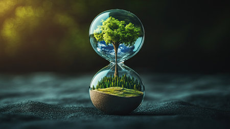 This captivating image features an hourglass showcasing a thriving tree and landscape, symbolizing the interplay between time and nature conservation.の素材