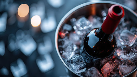 A luxurious red wine bottle rests in a bucket filled with ice, illuminated by soft candlelight. A perfect setting for a romantic dinner or a festive gathering.の素材