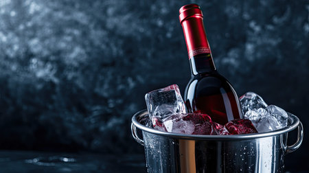 A chilled red wine bottle stands elegantly in an ice bucket filled with ice cubes, perfect for celebrations or romantic dinners.の素材