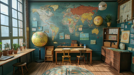 A vintage classroom scene featuring a large world map, globes, and wooden furniture. This aesthetically pleasing study space embodies a warm and inviting atmosphere, ideal for education and creativity.の素材
