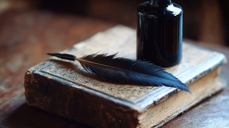 A captivating image of a vintage feather quill, ink bottle, and an old book, perfect for capturing the essence of writing, literature, and history in creative projects.の素材