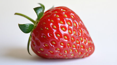A close-up view of a bright red strawberry showcasing its vibrant color and natural gloss. Ideal for illustrating healthy eating and delicious desserts.の素材