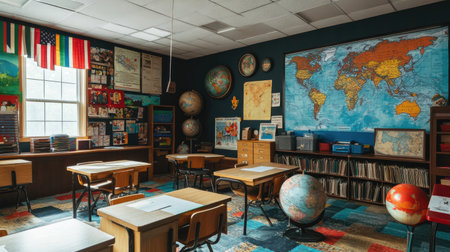A lively classroom filled with educational resources including maps and globes. The vibrant decor and organized layout create a welcoming learning space for students to explore.の素材