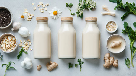 Explore a visually appealing arrangement of fresh plant-based milk bottles surrounded by natural ingredients, showcasing health, wellness, and culinary creativity.の素材