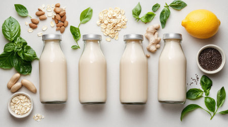 A visually appealing arrangement of plant-based milk ingredients including almonds, oats, herbs, and spices. Perfect for promoting healthy lifestyle choices.の素材