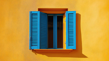 A vibrant window featuring bright blue shutters against a cheerful yellow wall, creating a visually striking architectural element perfect for brightening any space.の素材