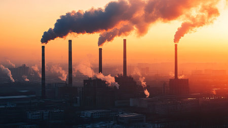A dramatic industrial scene featuring tall smoke stacks releasing plumes of smoke against a vibrant orange sunset. This image captures the essence of urban pollution and energy production.の素材
