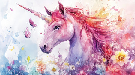 A stunning watercolor illustration of a majestic unicorn amidst colorful flowers and butterflies, evoking a sense of magic and whimsy in nature. Perfect for fantasy art enthusiasts.の素材