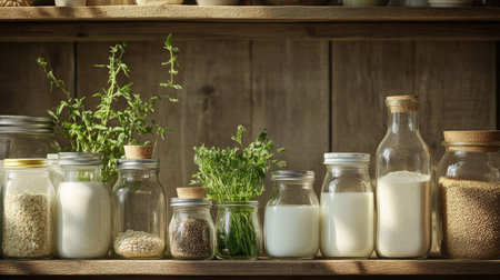 A rustic kitchen shelf filled with assorted herbs and cooking ingredients in jars and bottles, showcasing a warm and inviting atmosphere perfect for culinary enthusiasts.の素材