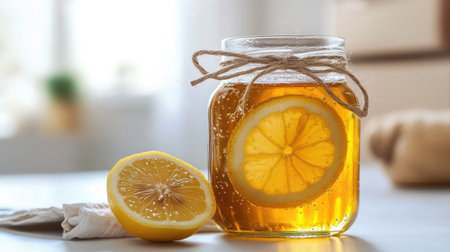 A beautifully arranged jar of lemonade with fresh lemon slices, decorated with twine, sitting on a light-colored tabletop, perfect for summer refreshment.の素材